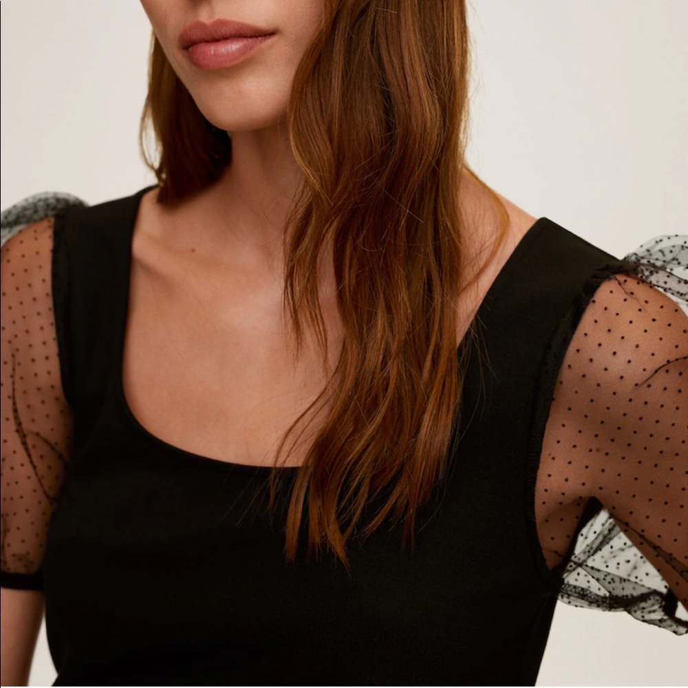 NWT Mango Square Neck Mesh Sheer Puff Sleeve Top - Picture 8 of 9